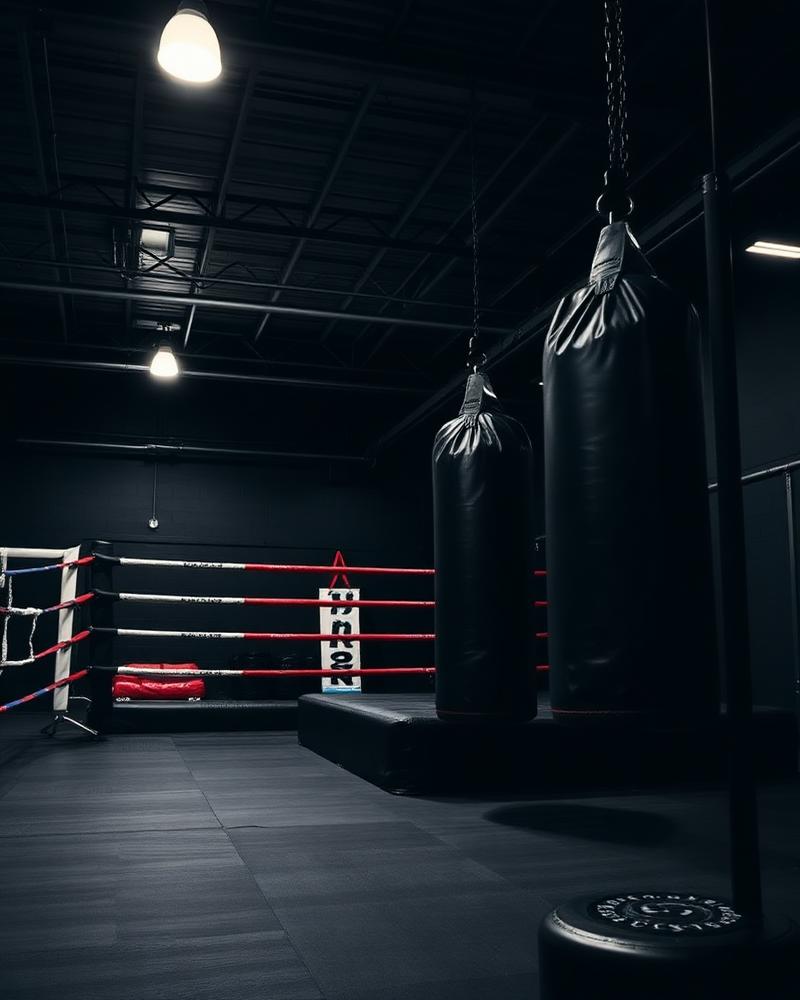 Ring tinju dan heavy bag di area combat Wigow Gym Bandung